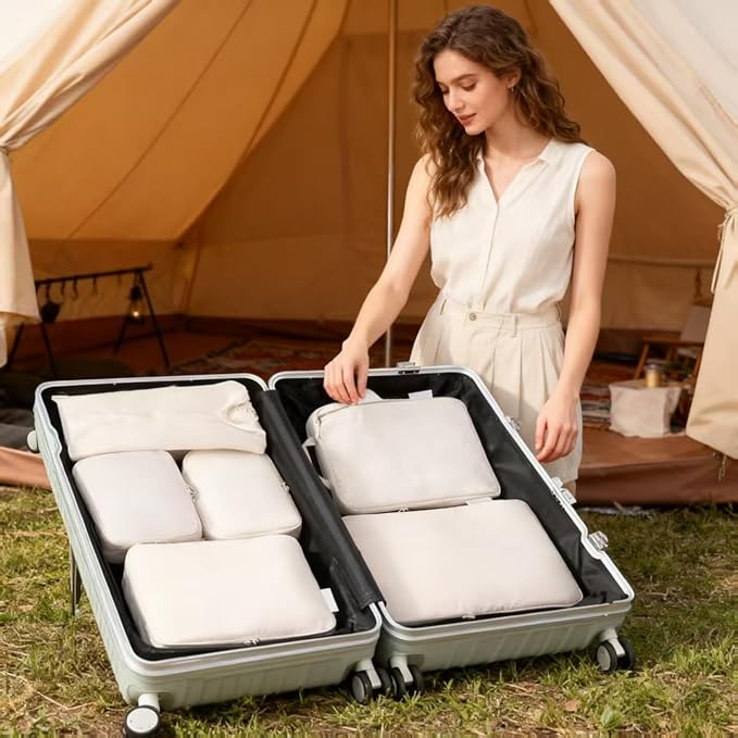 6-piece travel compression packaging cube - foldable travel bag expandable, luggage storage bag. (beige)
