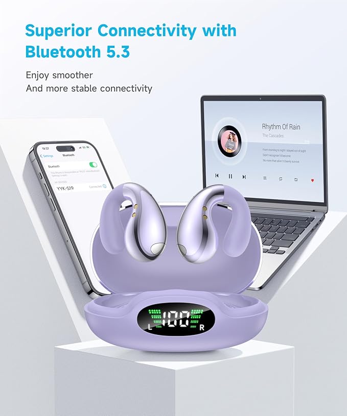 Ultra Ergonomic Clip-On Open Earbuds, Bone Conduction Over-The-Ear Headphones with Waterproof Design and Secure Fit for Small Ears, Lustrous Purple
