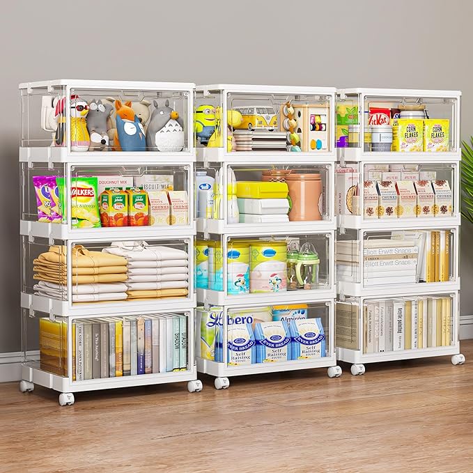 Clear Storage Bins with Lid 24Qt, 4 Pack Stackable Storage Bins, Acrylic Organizers, Plastic Multifunctional Folding Storage Bins, Plastic Stackable Storage Box for Bedroom, Living Room, Office