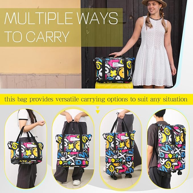 VOOWO Duffel Bag with Wheels - Rolling Foldable Expandable Duffle Bag with Wheels for Travel, Rolling Luggage Carry On Bag with Wheels, Large Rolling Backpack Weekend Bags for Men Women (Black)