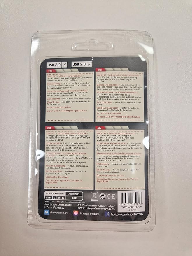 Integral 32GB Crypto-197 256-Bit Hardware Encrypted 3.0 USB Secure Flash Memory Drive - Certified to FIPS 197, Brute-Force Password Attack Protection & Rugged Double-Layer Waterproof Design