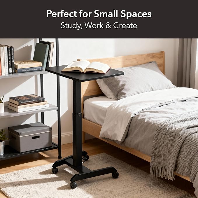 Mount-It! Rolling Laptop Desk Adjustable Height (29.6”-44.2”), Mobile Workstation Cart with 23.6” x 20.5” Desktop, Small Sit-Stand Desk for Home, Office, or Classroom in Black