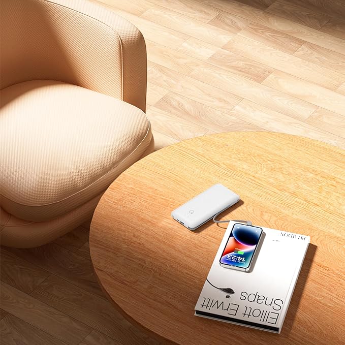 Q 10000mAh Power Bank, Slim Portable Charger,4 Output External Battery Pack with Built-in AC Wall Plug Micro USB C 3 Cables Compatible with iPhone Samsung Android Phone Tablet and More