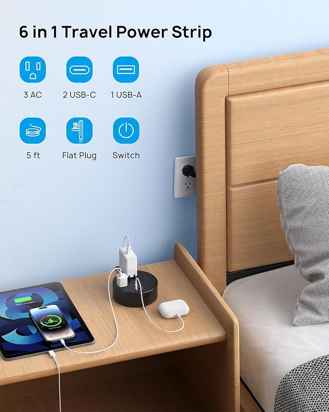 TROND 20W USB C Travel Power Strip - Retractable Extension Cord 5ft Ultra Thin Flat Plug, Power Strip with 3 AC Outlets and USB C Fast Charging, Cruise Ship Essentials, for Home Hotel Dorm Room, Black