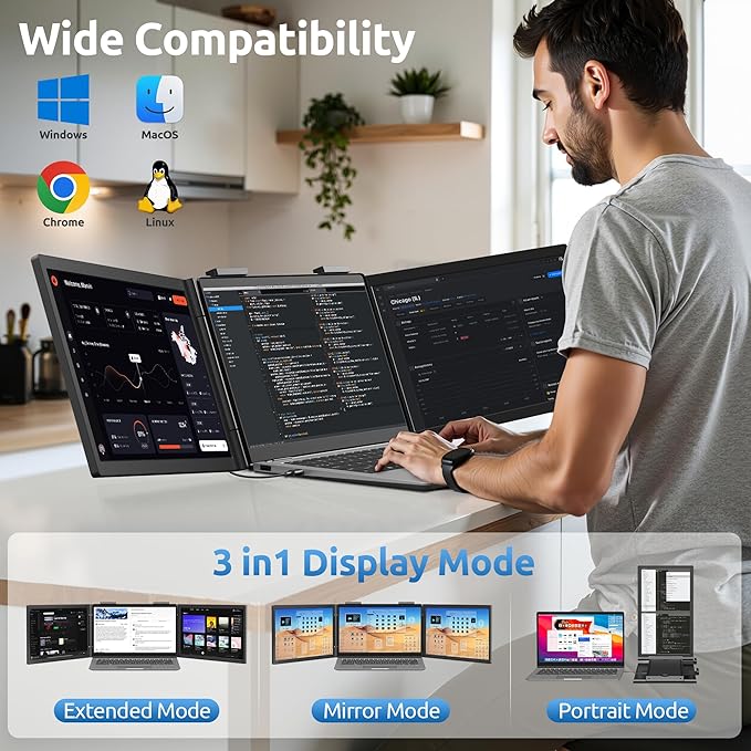 Dual Laptop Screen Extender, 14" 1080P IPS Portable Triple Monitor for 14-16.5" Laptops with USB-C Port, Plug and Play, Attachment Screen for Windows/Mac/Android/Switch/PS5/Xbox