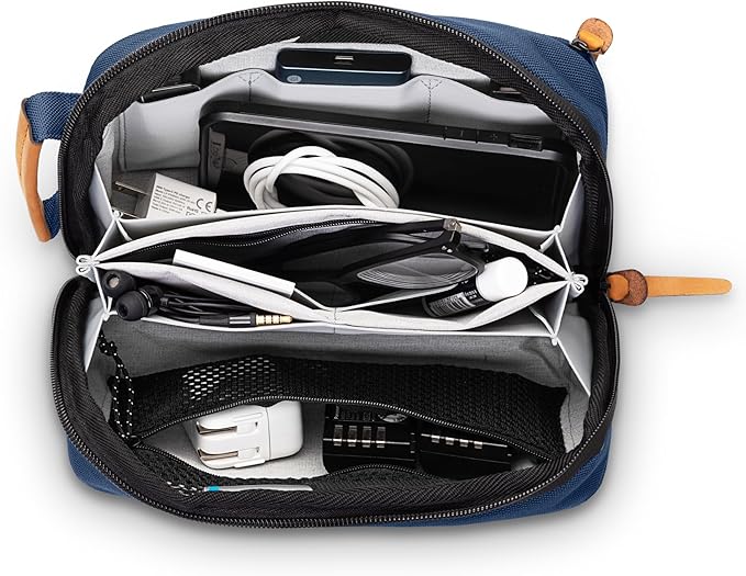 TRIPPED Travel Gear Tech Bag Organizer - Small Electronics Organizer Pouch for Travel - Premium Travel Case with Leather Accents - Mesh Pocket for Cables, Cords and Chargers (Navy)