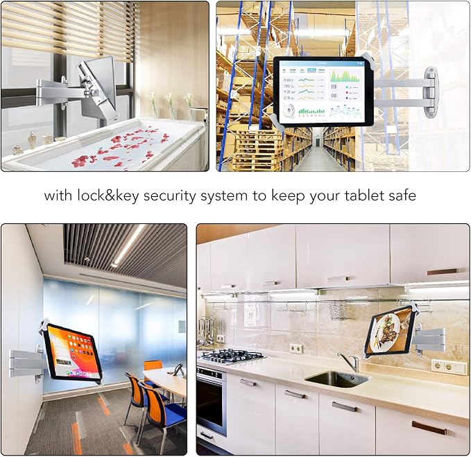 Tablet Wall Mount Holder with fold,Extend Adjustable Arm Swivel &Anti Theft Security Lock &Key, Multi Angle,Bracket for Most 7 to10.8 Inch,for iPad 10.9&11,Galaxy tab,& More(Silver)
