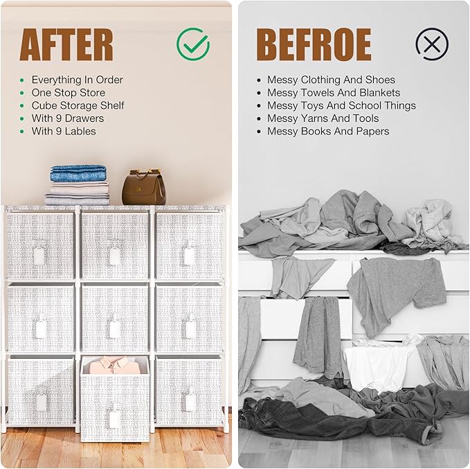9 Cube Storage Organizer with Printed Drawers, Toy Cubby Storage for Closet, Living Room, Dorm - White