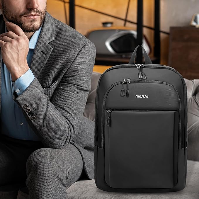MOSISO Laptop Backpack for Men, Slim Lightweight Compact Computer Backpack for College Work Business Office Travel, 15.6 inch Waterproof Commute Laptop Bag Casual Daypack with Luggage Strap, Black