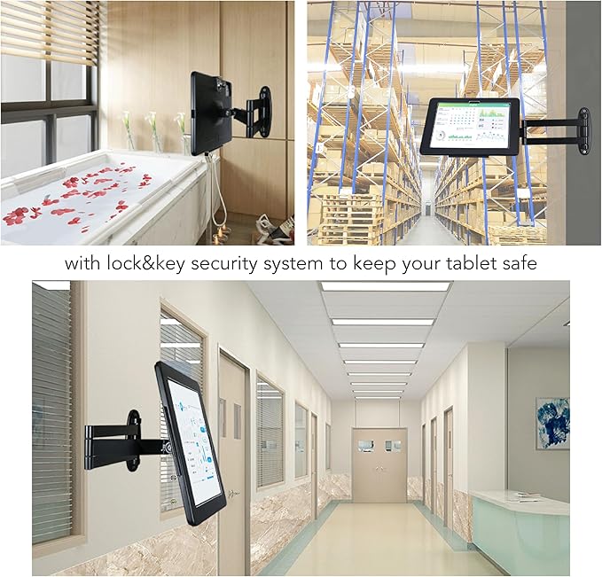 Tablet Wall Mount Bracket with fold for 2025 iPad 11" (A16) 11th/ 2022 iPad 10.9" 10th Gen.,Excluding Other 10.9"/ 11",Extend Adjustable Arm with Lock & Key,Multi Angle,Rotate,Metal(Black)