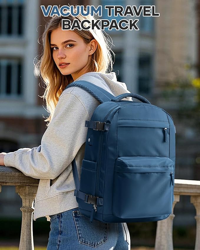 Vacuum Travel Backpack with Pump for Women,Personal Item Carry on Backpacks Flight Approved 18x14x8 inches for Men,Laptop Waterproof Work Compression bags Casual Daypack. Blue