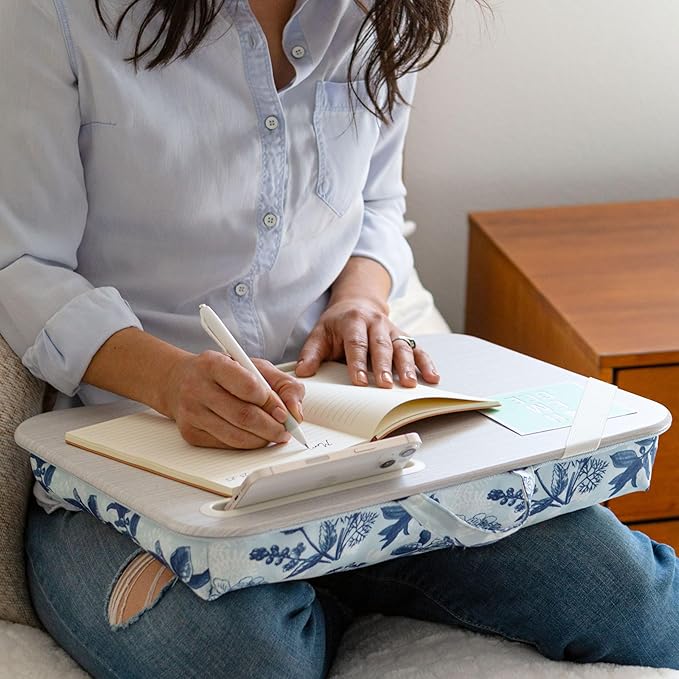 LAPGEAR Designer Lap Desk 2-Pack with Storage Basket, Phone Slot & Device Ledge – Blue Blossoms – Fits Laptops up to 15.6" – Style No. 70433