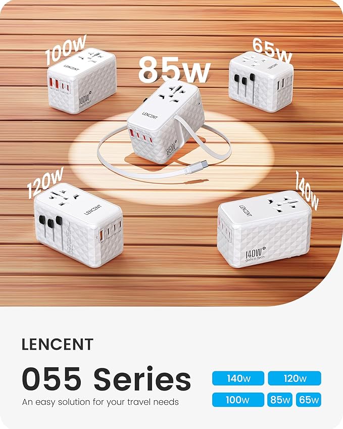 LENCENT 85W Universal Travel Power Adapter with Retractable USB C Cable, GaN International Travel Adapter with 1 USB-A & 3 Type C Fast Charging, Worldwide Plug Adaptor for US to EU UK Type C/G/A/I