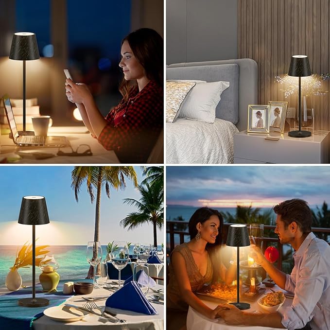 Ralbay IP54 Aluminum Cordless Rechargeable Table Lamp LED Modern Battery Operated 4800mAh Waterproof Portable Stepless Dimmable Desk Lamp for Restaurant/Bedroom/Camping/Outdoor (Black Brush Gold)