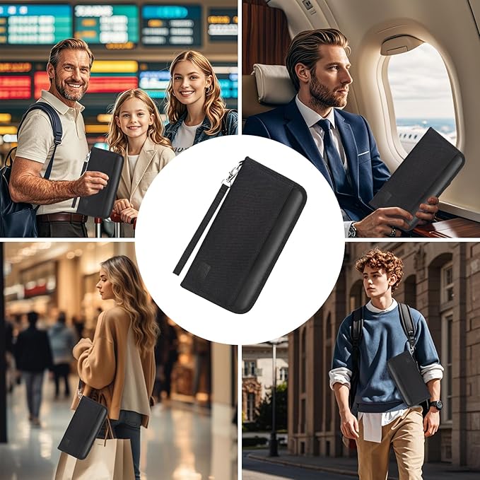 Passport Holder Family, RFID Blocking Travel Passport Wallet for 4-6 Women Men, Waterproof Travel Document Organizer Credit Cards Case, Portable Passport Bag with Zipper Pocket (Black)