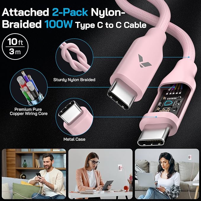 45W Super Fast Charger USB C, 45 Watt Type-C Android Phone Charger Fast Charging Block with 10FT Type C Cords for Samsung Galaxy S25 Ultra/S24 Ultra/S24+/S23 Ultra/S22 Plus/S20, Tab S9/S8 Ultra(Pink)