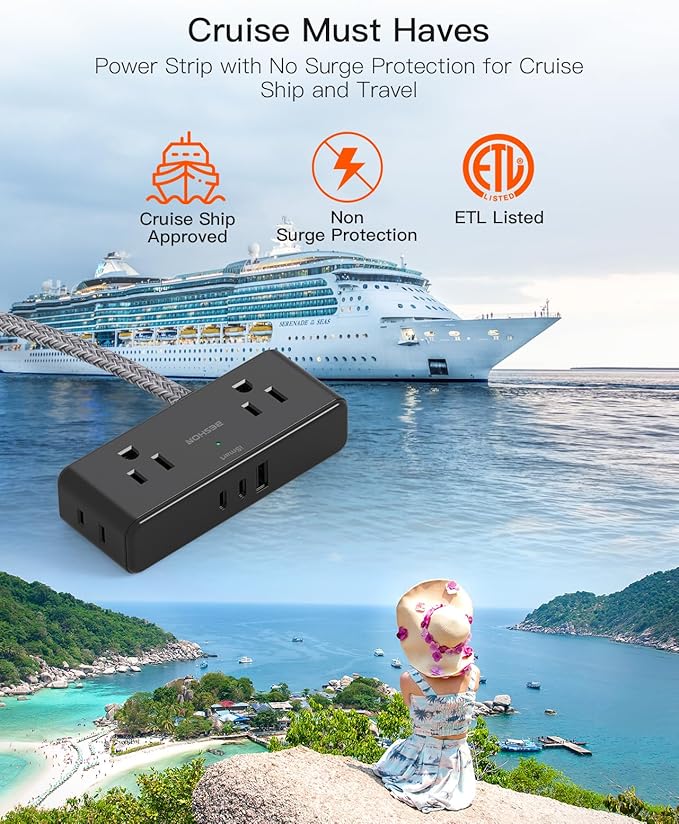 Extension Cord 15 ft, BESHON Flat Plug Power Strip, Long Power Strip, 4 Widely Outlets with 3 USB Ports (2 USB C), Extension Cord with Multiple Outlets for Home, Office, Dorm Room Essentials, Black