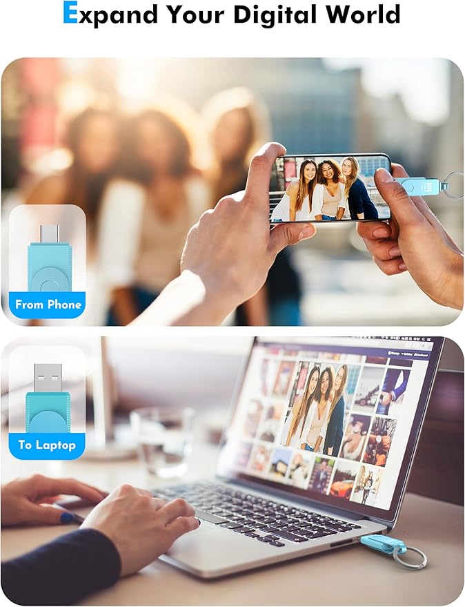 MOSDART 64GB USB3.1 Fast Speed C and A Dual Flash Drive, exFAT Memory Stick with Keychain and LED Indicator, for iPhone 15 and 16, Android Phone, iPad, MacBook, and Other Laptops, Sky Blue