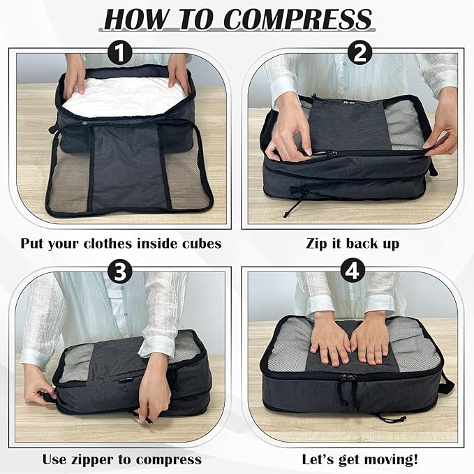 Extra Large Compression Packing Cubes for Travel Essentials, 2 Set Expandable Compression Bags for Travel Packing Cubes for Suitcase Luggage Organizer Bags, Black Mesh