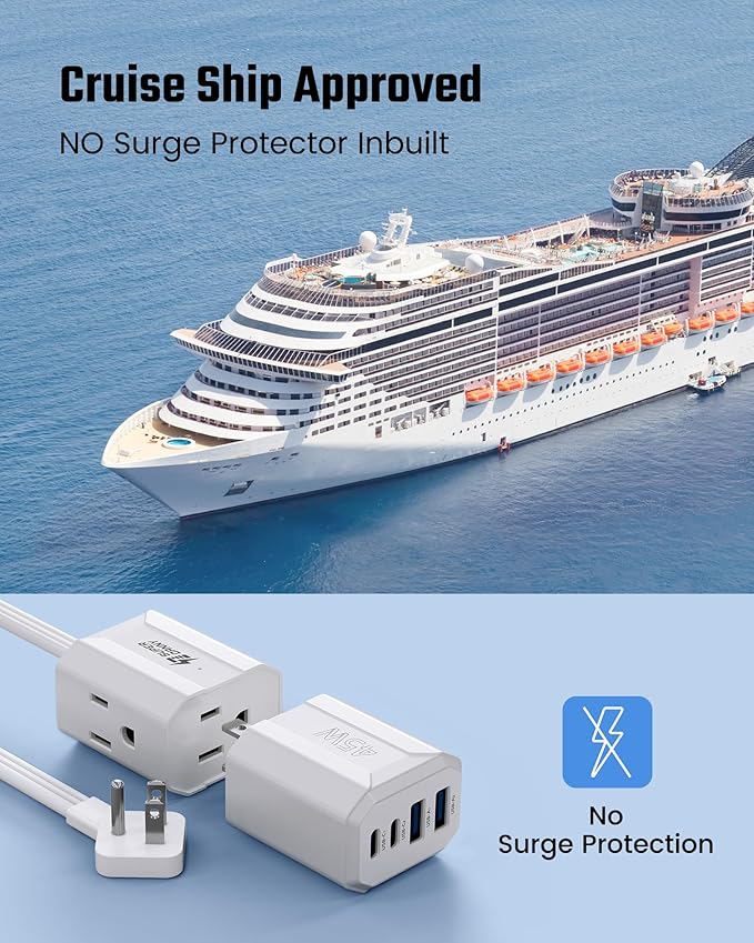 SUPERDANNY Detachable Travel Power Strip,45W USB Fast Charge,2 USB-C & 2 USB-A with 3 Outlets Flat Plug Extension Cord 5ft,Portable Charger for Travel Essentials for Travel Cruise Home, White