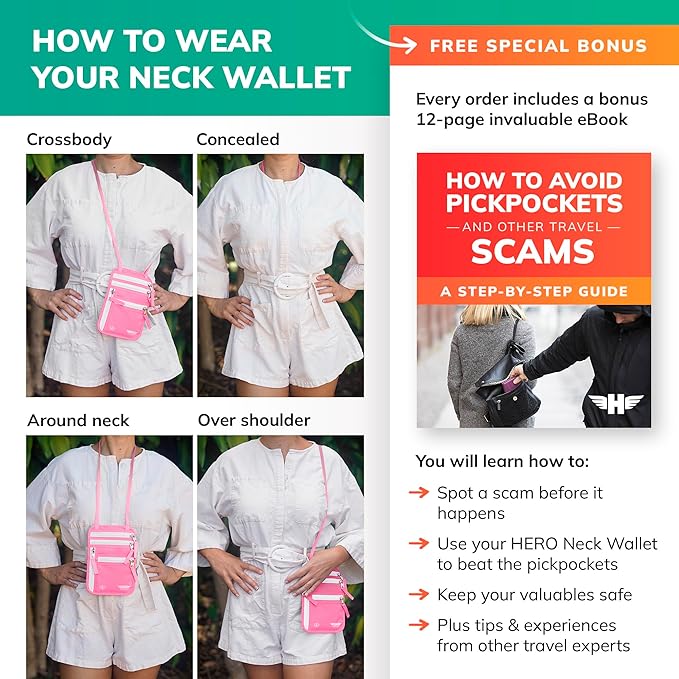 Hero Travel Supply Neck Wallet, RFID Blocking Passport Holder, Easy to Conceal Pouch (Hot Pink)