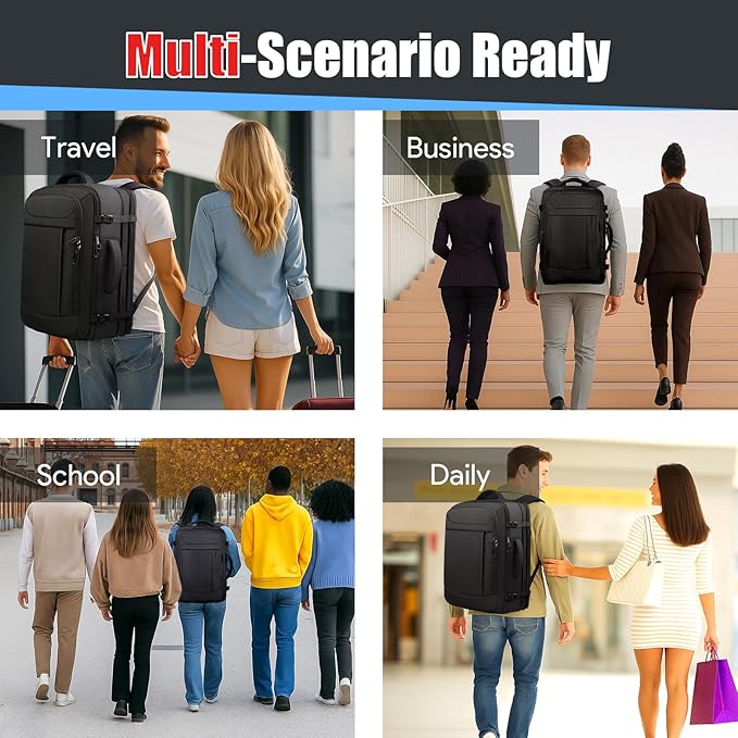 55L Extra Large Travel Backpack, Expandable 50L - 60L Carry On Backpack, Travel Luggage Suitcase Anti-Theft TSA Flight Laptop Bag, Sturdy 18.4 Inch XXXL Daypack Weekender Gifts for Men, Black