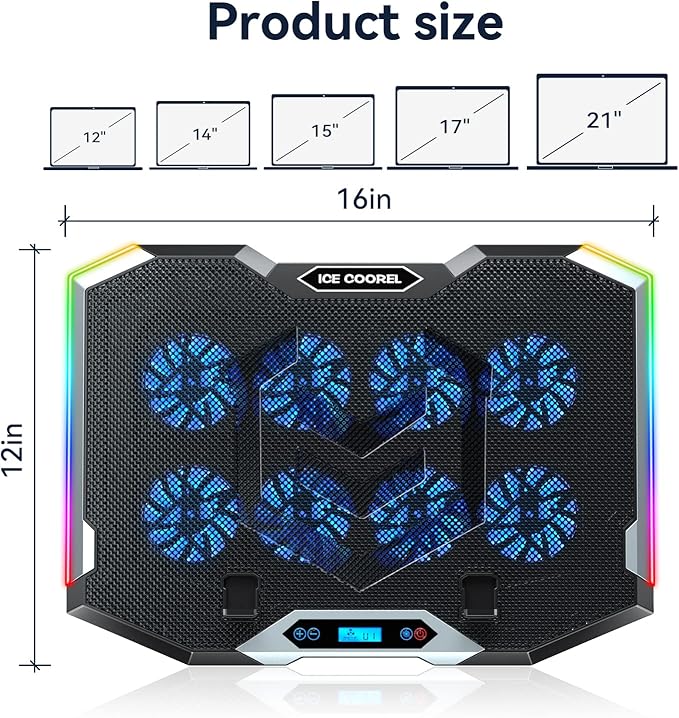 ICE COOREL Gaming Laptop Cooling Pad with 8 Cooling Fans, Laptop Fan Cooler Pad for 15-17.3 Inch, Notebook Cooler Stand with 6 Height Adjustable, RGB Cooling Pad with Two USB Port + Phone Stand