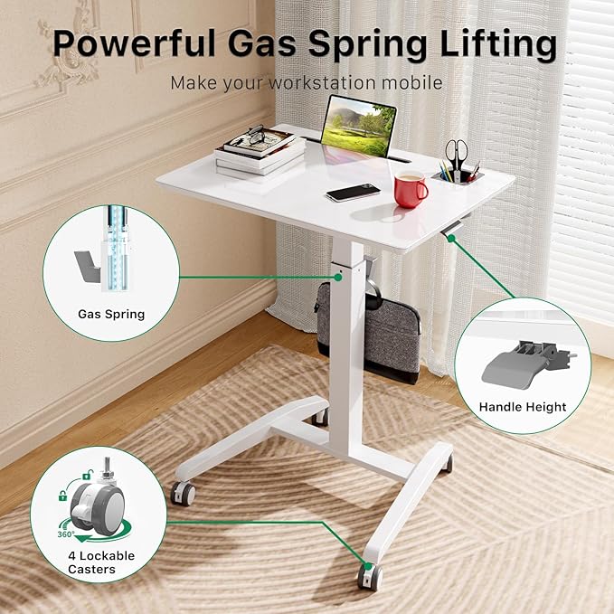 Glass Mobile Standing Desk, Height Adjustable Rolling Laptop Table, 27 inches Portable Sit Stand Desk with Wheels and Hook, Pneumatic Computer Workstation, White