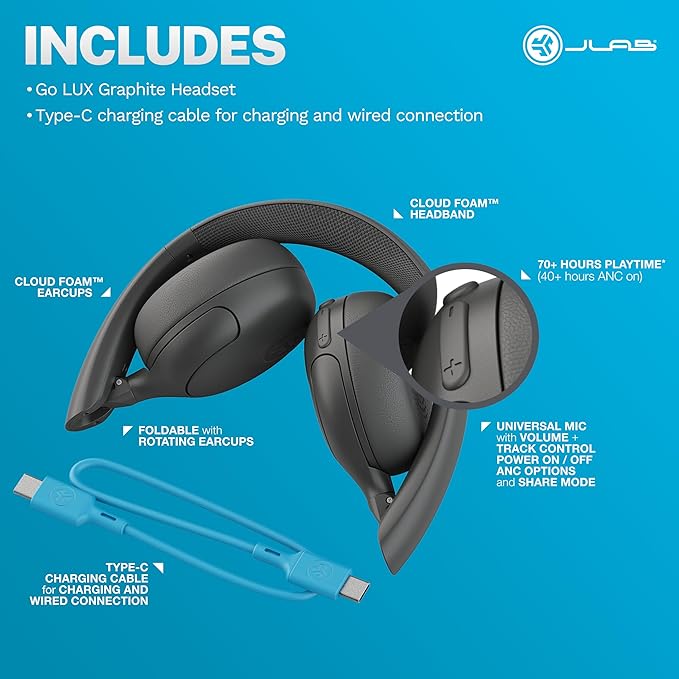 JLab Go Lux ANC Wireless Headphones, Graphite, Hybrid Active Noise Cancelling, Premium On-Ear Bluetooth Headset, Customizable Sound, Be Aware Mode, Cloud Foam Comfort, Multipoint Connection