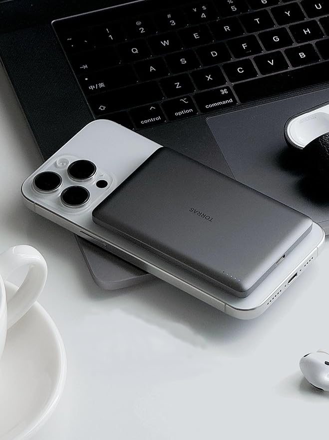 TORRAS MiniMag Power Bank, Ultra Slim 5,000mAh Wireless Portable Charger with USB-C Cable, Fast Charging iPhone Air Mag-safe Battery Pack, Compatible for iPhone 17 Pro Max/16/15/14/13/12, Glacier Gray