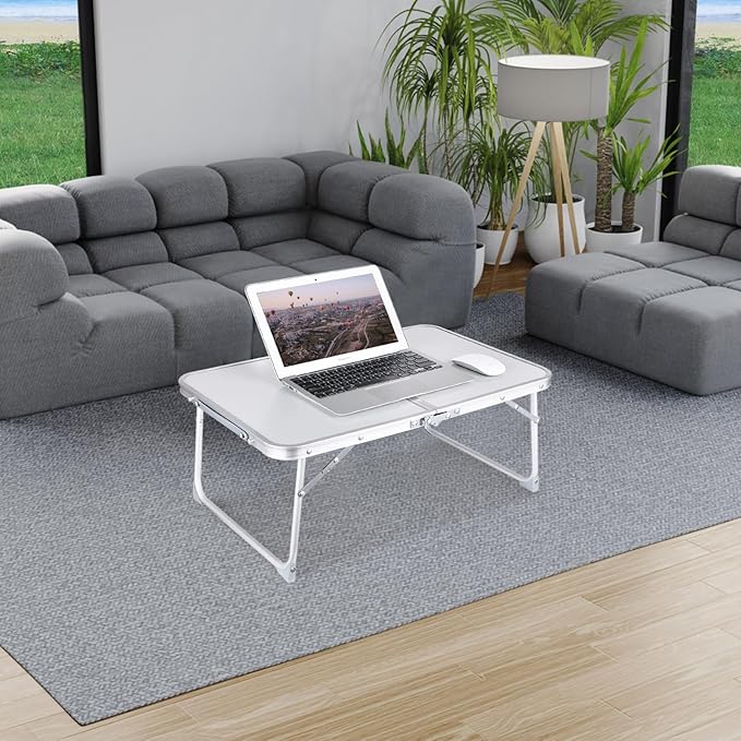 CHEERWELL Foldable Laptop Desk, Bed Table for Study & Reading, Breakfast Tray, Portable Mini Picnic Table, Folds in Half with Inner Storage Space (Grey)