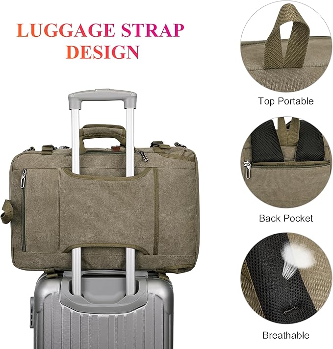 WITZMAN Canvas Travel Backpack for Men Large Laptop Backpack Fit 17 inch Carry-on Airline Approved Convertible Shoulder Rucksack(A6617-3 Army Green)