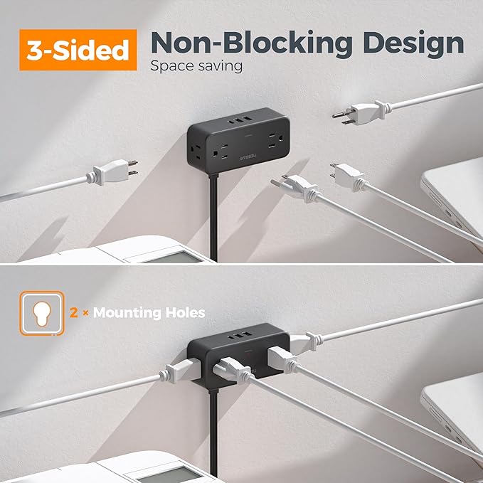 TESSAN Black Extension Cord 5 Ft, Flat Surge Protector Power Strip with 4 Wide Spaced AC Outlets 3 USB Ports (1 USB C), Ultra Thin Flat Plug with 900J Surge Protection, Office Dorm Room Essentials