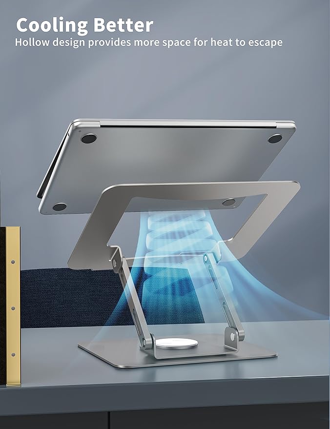 SOUNDANCE Laptop Stand with 360° Rotating Base, Ergonomic Computer Riser for Desk, Adjutable Height Muti-Angle, Foldable Laptop Mount, Stable Metal Holder Support 10-15.6" Notebook PC, Silver Grey