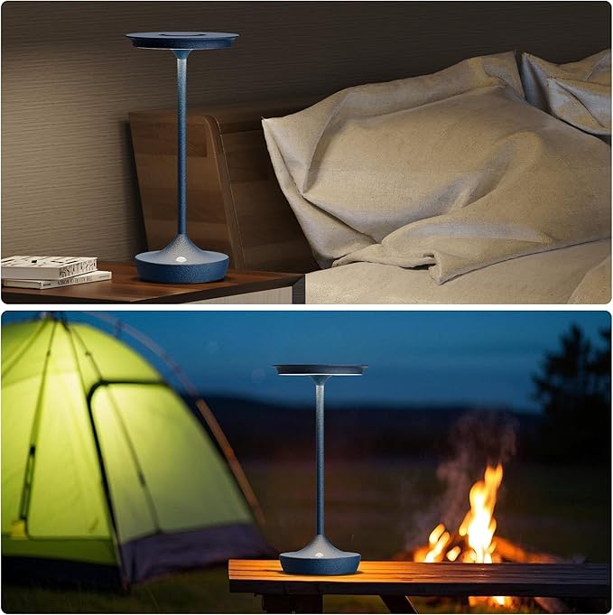 LED Cordless Table Lamp Rechargeable - Outdoor 6000mAh Battery Operated Portable Table Lights 3 Color Stepless Dimming Table Lamps with Memory Function for Patio Restaurant Dining Blue