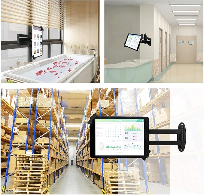 Tablet Wall Mount, Adjustable Arm Swivel, Anti-Theft Security Lock & Key, Foldable, 360 Rotating, Black