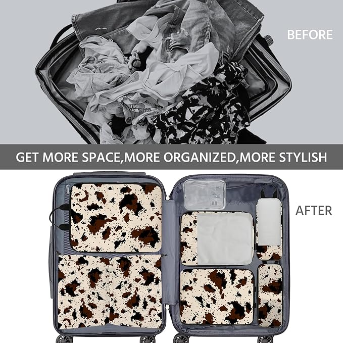 7 Pcs Compression Packing Cubes for Travel, Waterproof Suitcase Luggage Backpack Organizer with Toiletry Bag Travel Essentials for Women/Men-Cow Print