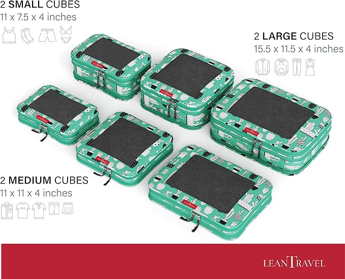 LeanTravel Compression Packing Cubes for Travel Organizers with Double Zipper (6-Pack (2L+2M+2S), Green Cactus)