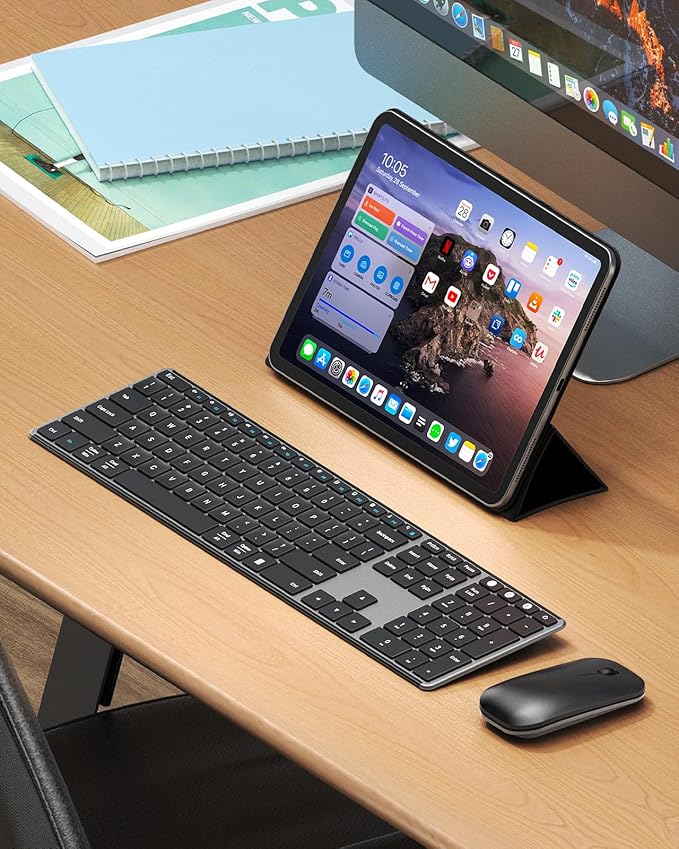 seenda Wireless Bluetooth Keyboard and Mouse Combo (USB + Dual BT), SKM64-3 Multi-Device Rechargeable Slim Keyboard and Mouse, Compatible for Win 7/8/10, MacBook Pro/Air, iPad, Tablet - Black Gray