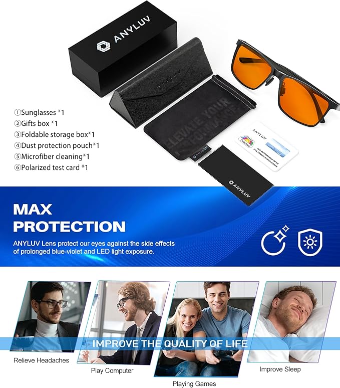 ANYLUV Blue Light Glasses Men, Relieve Eyestrain and Eye Protection, Al-Mg Metal Computer Blue Light Blocking Glasses