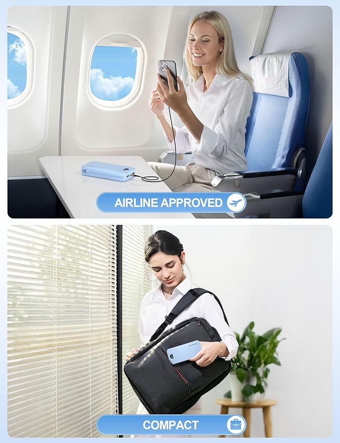 Portable Charger, 20000mAh 22.5W USB C Fast Charging Power Bank with Built-in Cables & Wall Plug, External Battery Pack with LED Display, Travel Essentials Compatible with iPhone, iPad, Samsung Blue