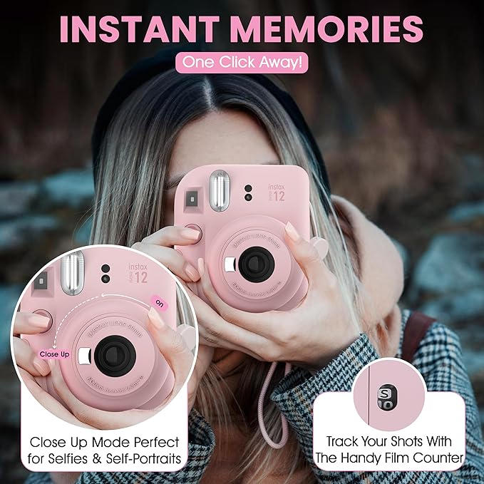 Fujifilm Instax Mini 12 Instant Camera Blossom Pink + Minimate Custom Designed Case + Fuji Instax Film 10 Sheets & Photo Album