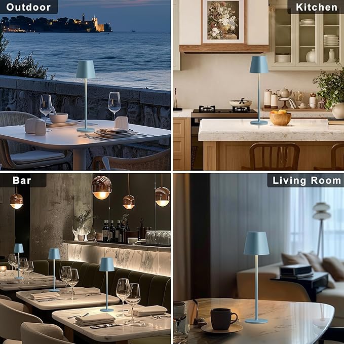 Kakanuo Cordless Table Lamps Pack of 4, Portable LED Desk Lamp, Battery Operated Lamp, Wireless Rechargeable Lamp, 3 Color Stepless Table Lamp for Restaurant, Bar, Party, Camping and Bedroom - Blue