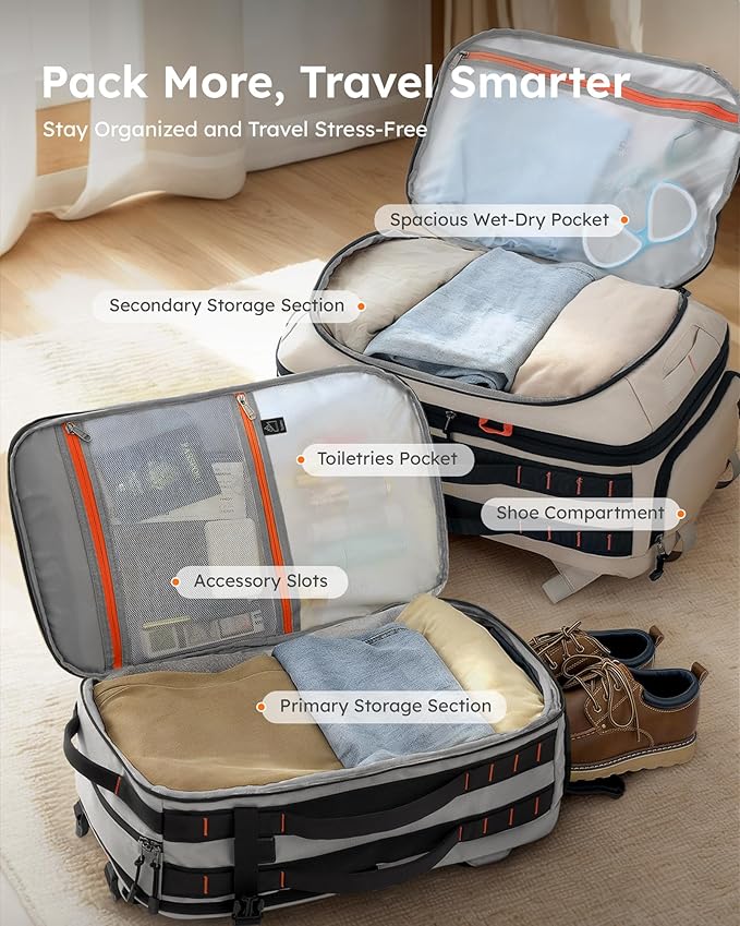 Tolaccea Carry on Travel Backpack, TSA Friendly Flight Approved Laptop Backpack Duffle Bag for Men Women with Dual Laptop Storage for 17.3", Expandable Business Rucksack 40L-50L Large - Grey