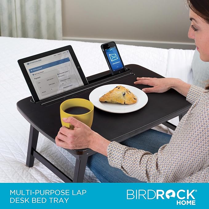 BIRDROCK HOME Bamboo Wood Lap Tray with Foldout Legs, Storage Drawer, Fits Laptops Up to 17", Tablet and Phone Slot, Laptop Table for Sitting or Standing, Work from Home, Workstation - Espresso
