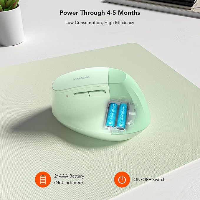 EM18 Wireless Ergonomic Vertical Mouse, Ergo Design, Bluetooth Cordless Mouse, Silent Click, 5-Level Adjustable DPI, Carpal Tunnel Mice for Computer, PC, Mac, Laptop, Green