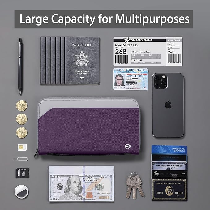 RFID Large Travel Passport Wallet with Airtag & Card Holder - Women Men, Lightweight Passport Cover Case Book Travel Document Organizer with Zipper Pocket, Deep Purple