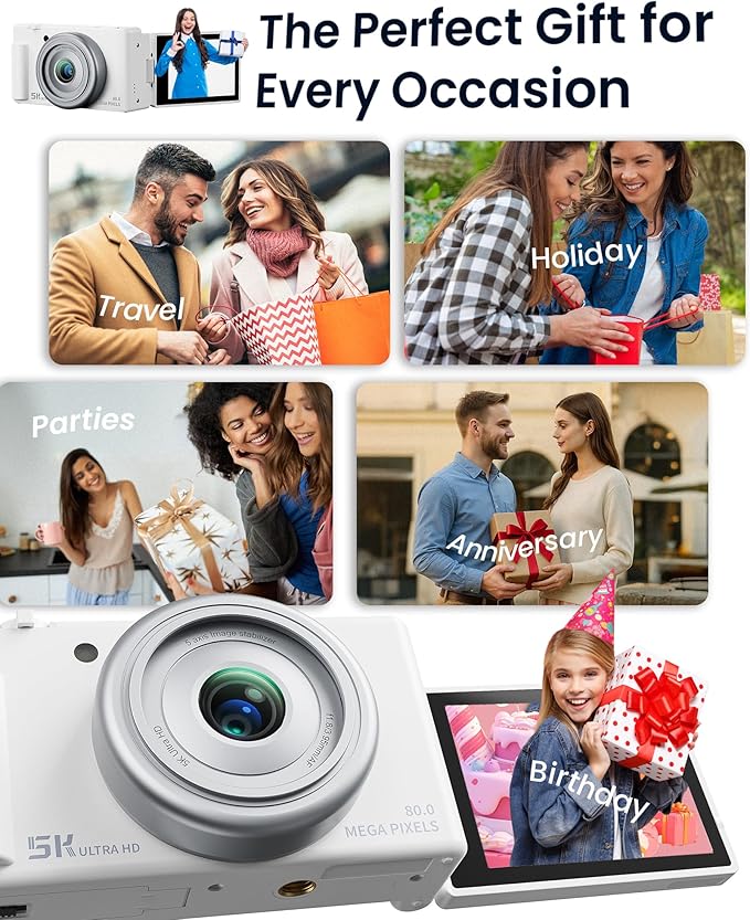 True 5K Digital Camera for Photography, Autofocus 80MP with 18X Digital Zoom 3" 270°Flip Screen Dual-Lens Selfie Camera for YouTube Vlogging & Content Creation, 2 Batteries, 32GB Card & Flash,White