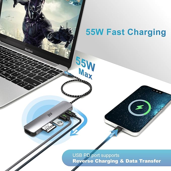 USB C Hub HDMI Adapter for MacBook Air Pro, 7 in 1 4K Dongle Multiport Converter with 50cm Cable, USB 3.0 5Gbps Data Transfer, 100W PD, SD/TF Card Slot, Digital AV Connector for Mac M1 M2 PC Laptop