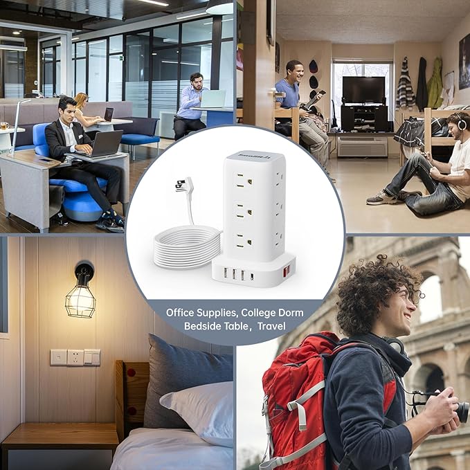 Surge Protector Power Strip Tower with Flat Plug, 10FT Ultra Thin Extension Cord with Multiple Outlets (1 USB-C), 1020J Protection,Desk Charging Station for Office, Dorm Room Essentials